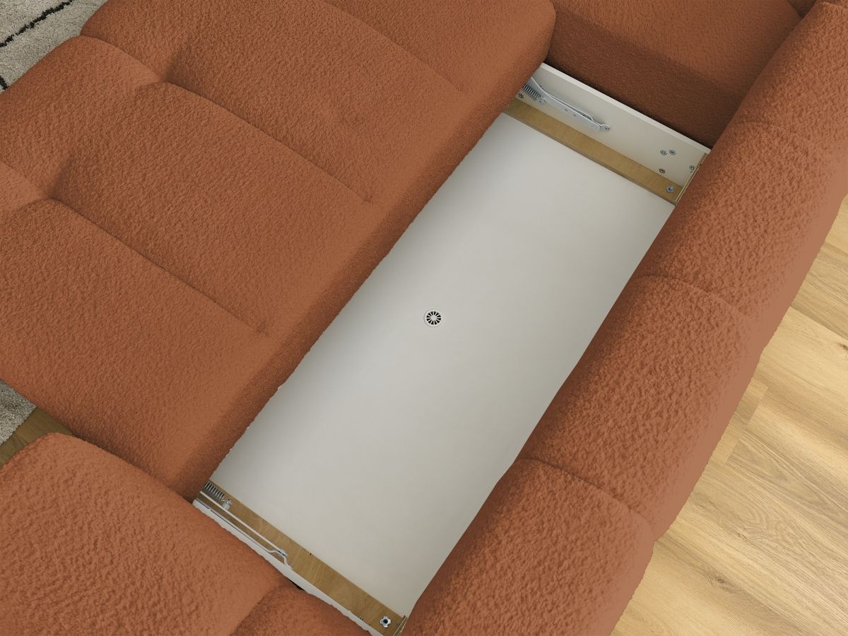 Bobochic Fuji Ecksofa mit Schlaffunktion und Bettkasten und Pouf 282 × 204 cm Bouclé-Stoff Orange Ecke links