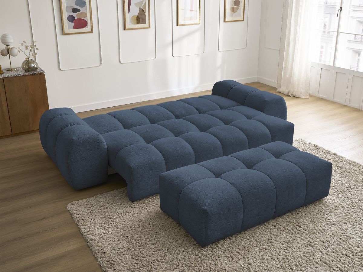 Bobochic Everest Schlafsofa 3-Sitzer mit Bettkasten und Pouf, 2 Kissen Melange-Stoff Dunkelblau