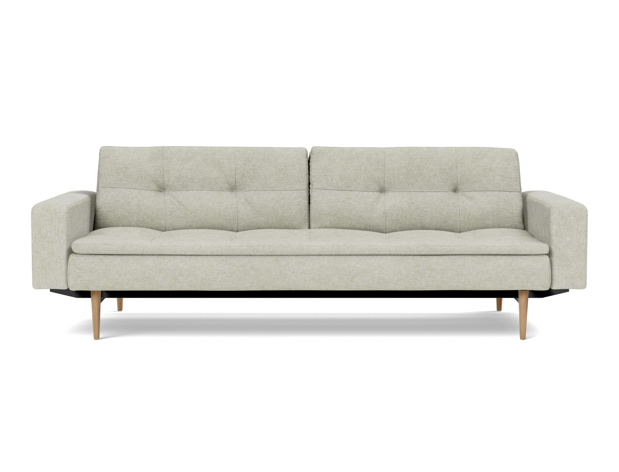Schlafsofa Dublexo mit Armlehnen Flachgewebe Avella 280-Sand Beine Styletto Eiche hell