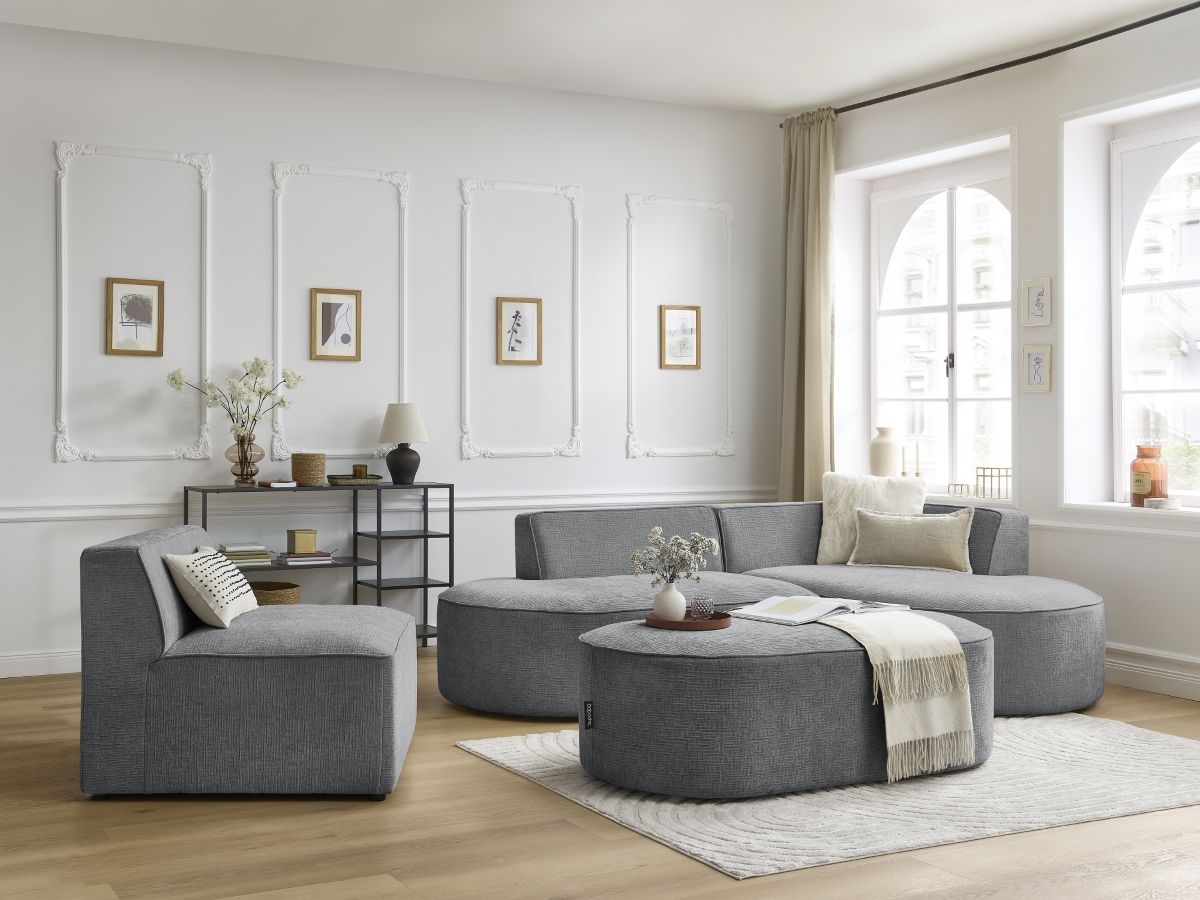 Bobochic Rousseau Ecksofa mit Sofamodul und Pouf Strukturstoff Dunkelgrau Ecke rechts