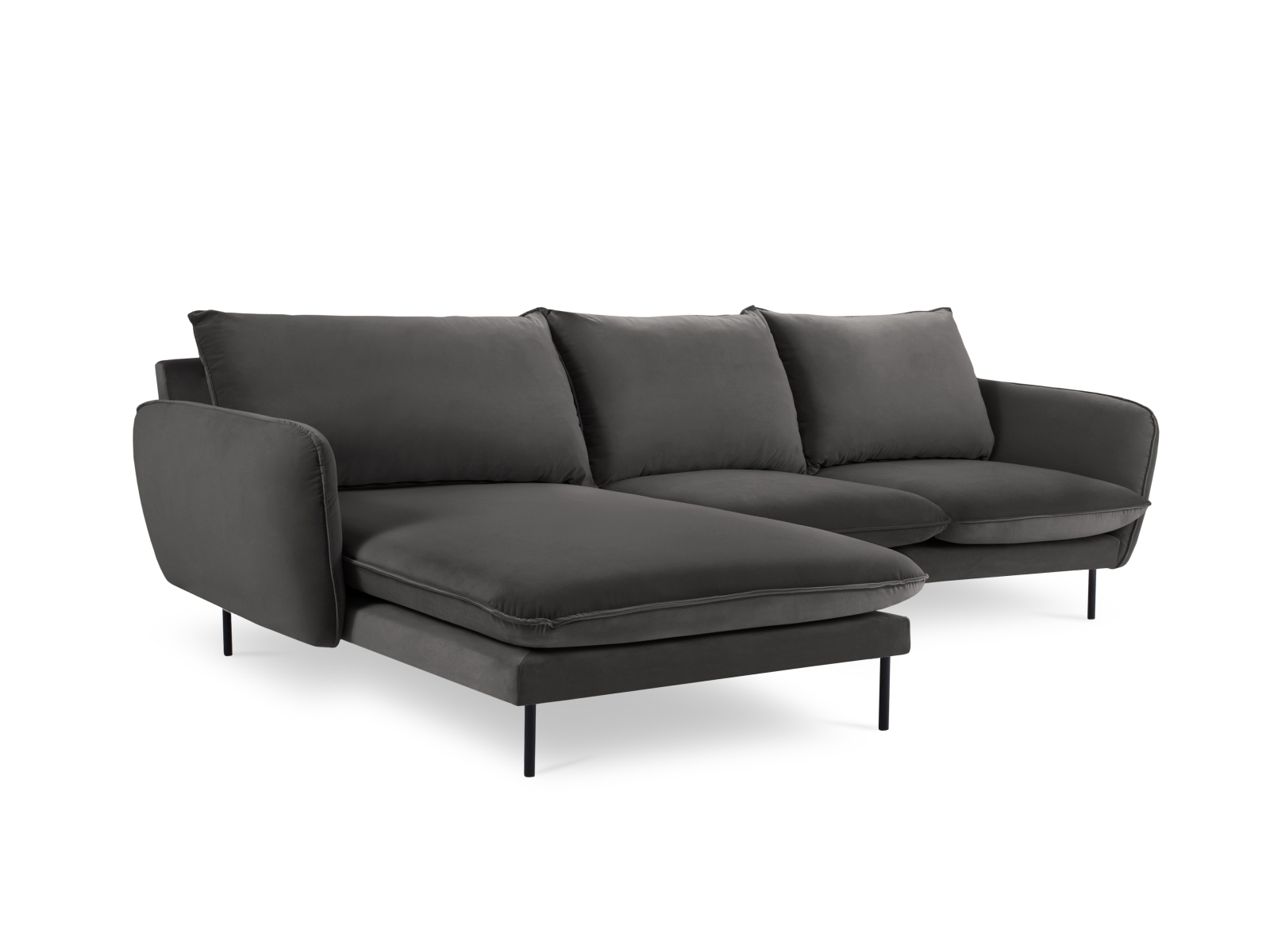 Cosmopolitan Design Ecksofa Vienna 5-Sitzer Samt Bluvel Dunkelgrau Melange Links Beine Schwarzes Metall