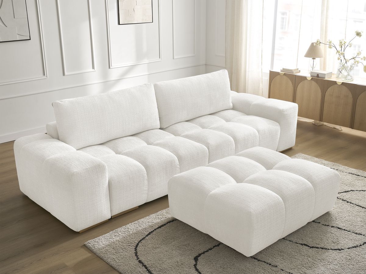 Bobochic Anakin Sofa 3-Sitzer mit Pouf, 2 Kissen Strukturstoff Weiß