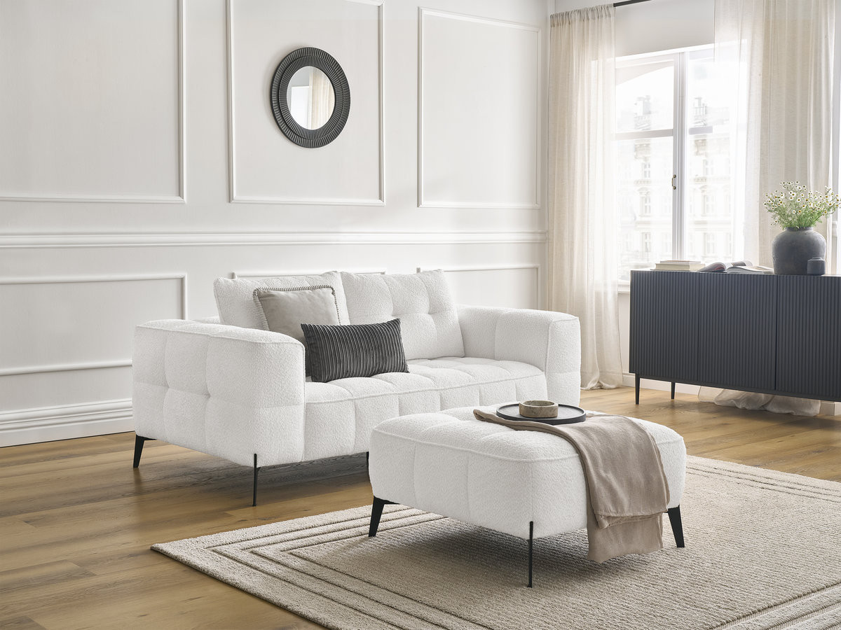 Bobochic Anis Sofa 2-Sitzer mit Pouf Bouclé-Stoff Weiß