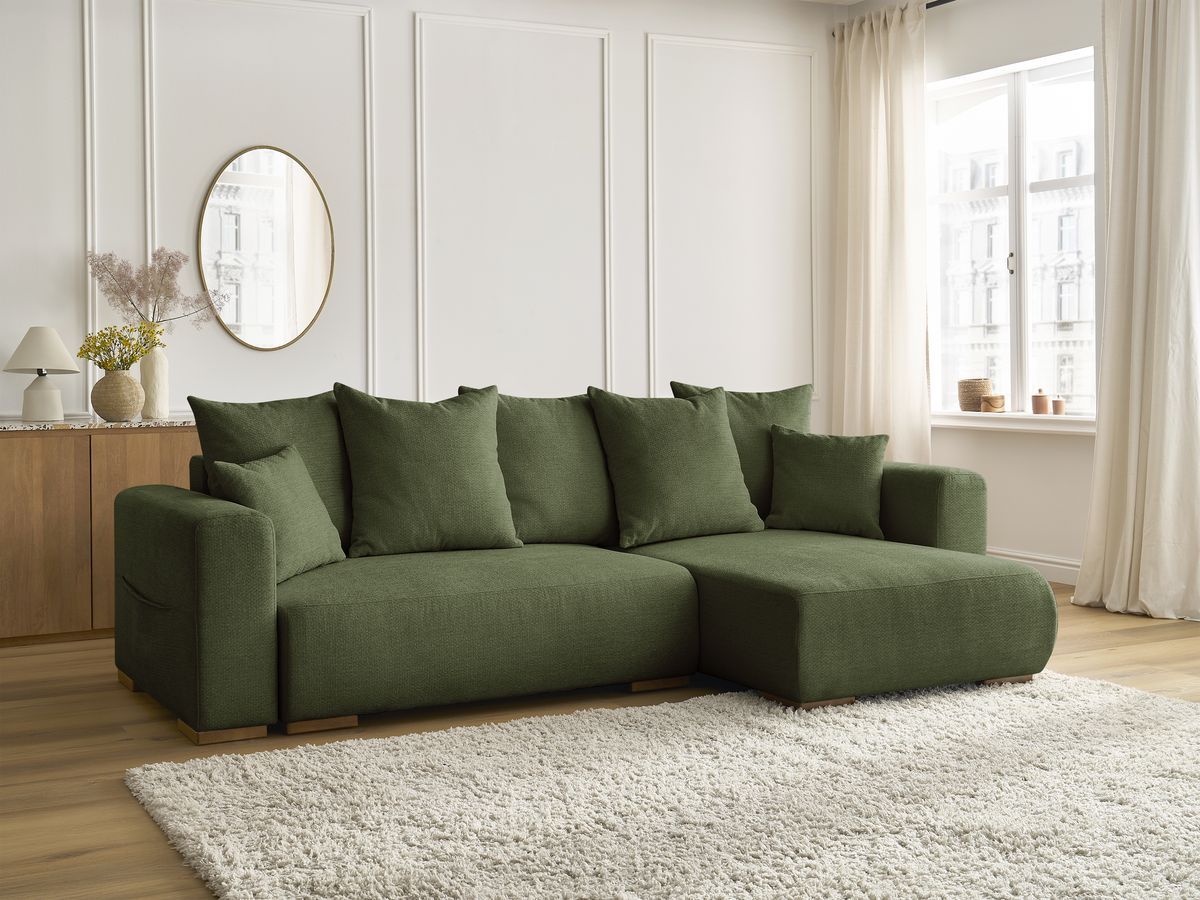 Bobochic Sidonie Ecksofa mit Schlaffunktion und Bettkasten Melange-Stoff Grün