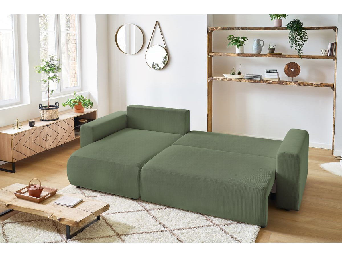 Bobochic Envy Ecksofa mit Schlaffunktion und Bettkasten und Pouf Cordsamt Grün