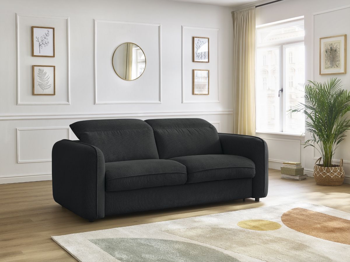 Bobochic Achille Schlafsofa 3-Sitzer Melange-Stoff Schwarz, Liegefläche 140 × 200 cm