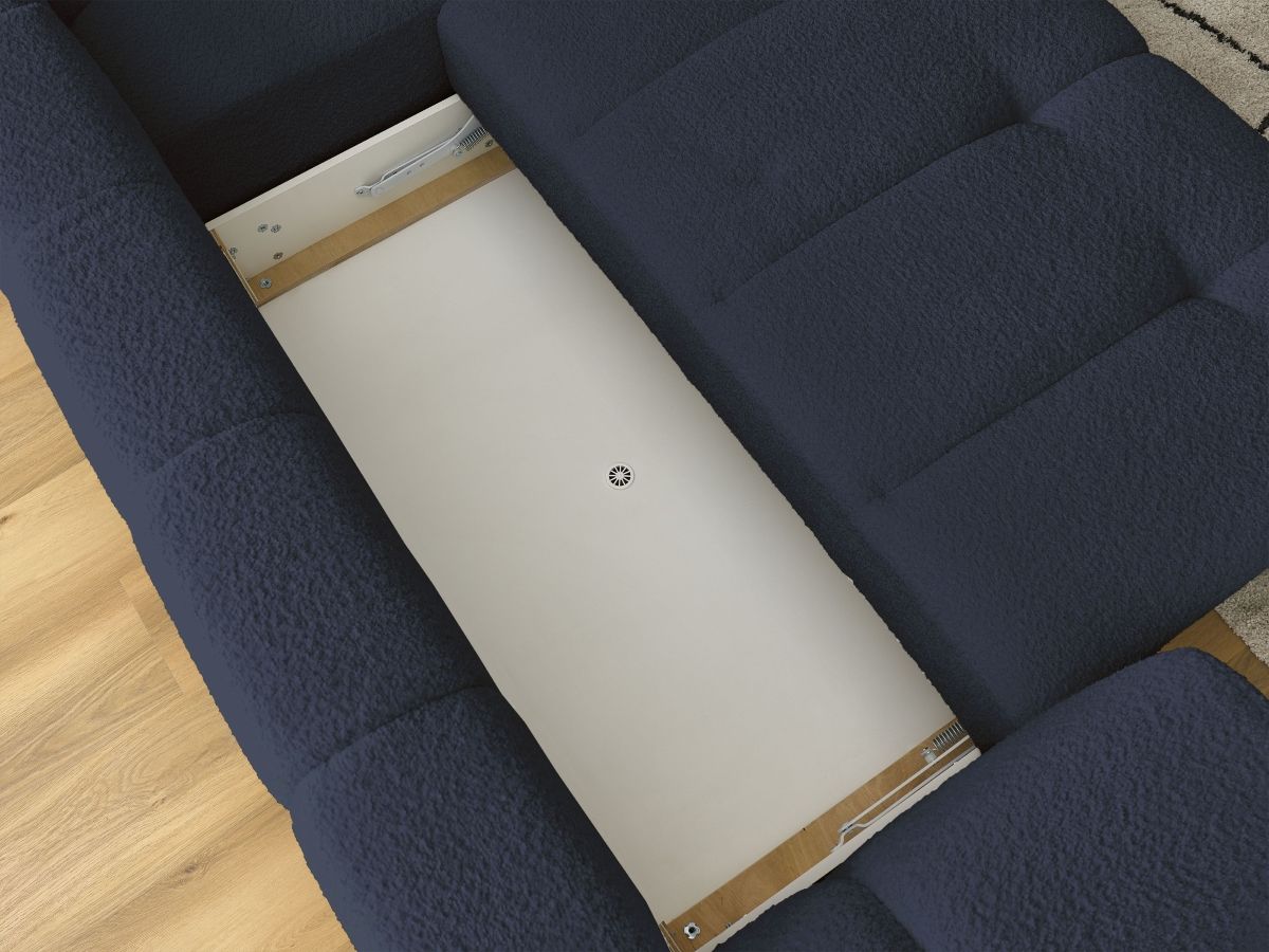 Bobochic Fuji Ecksofa mit Schlaffunktion und Bettkasten 282 × 204 cm Bouclé-Stoff Dunkelblau Ecke rechts