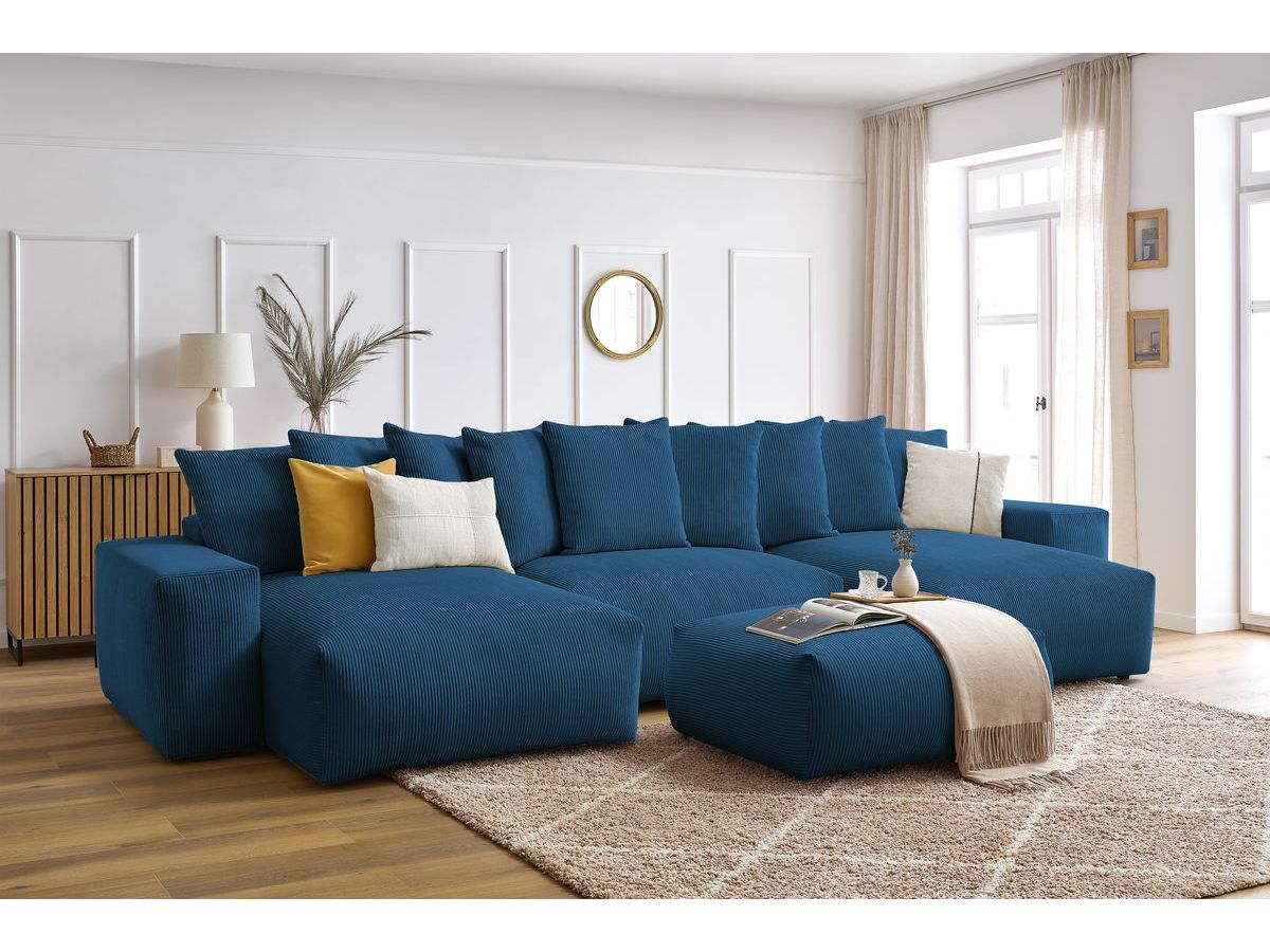 Bobochic Voltaire Wohnlandschaft mit Pouf 420 × 174 cm, Liegefläche 135 × 345 cm Cordsamt Dunkelblau