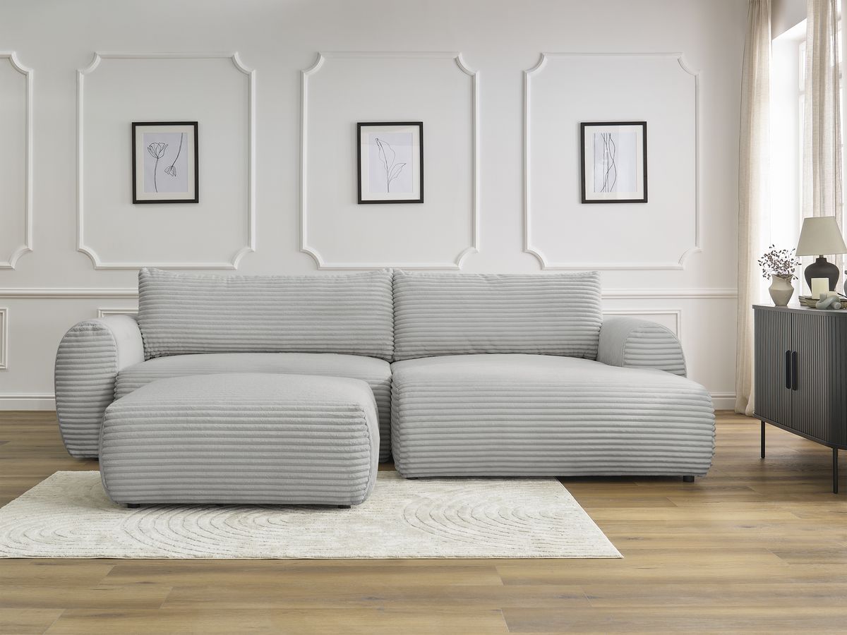 Bobochic Lucien Ecksofa mit Schlaffunktion und Bettkasten und Pouf 314 × 167 cm Breitcord weich Hellgrau Ecke rechts