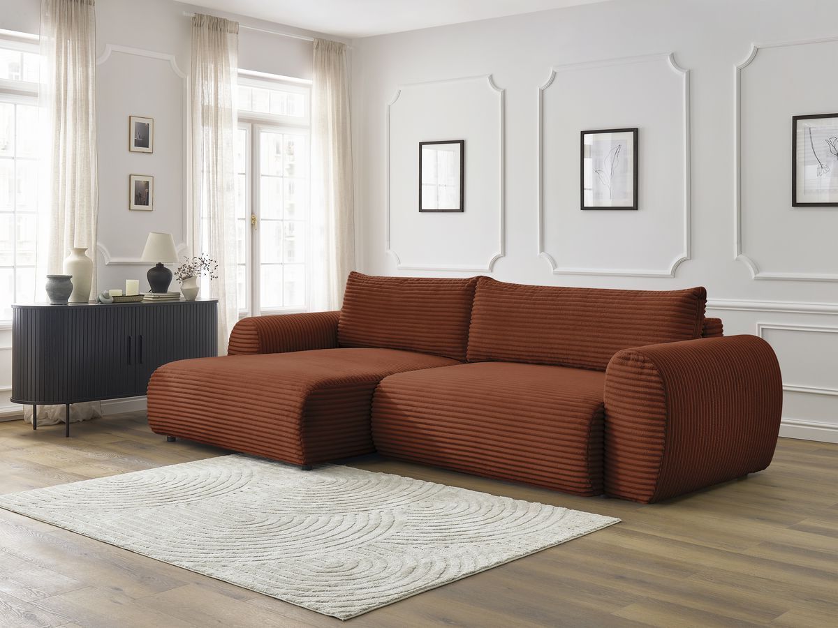 Bobochic Lucien Ecksofa mit Schlaffunktion und Bettkasten 314 × 167 cm Breitcord weich Orange Ecke links