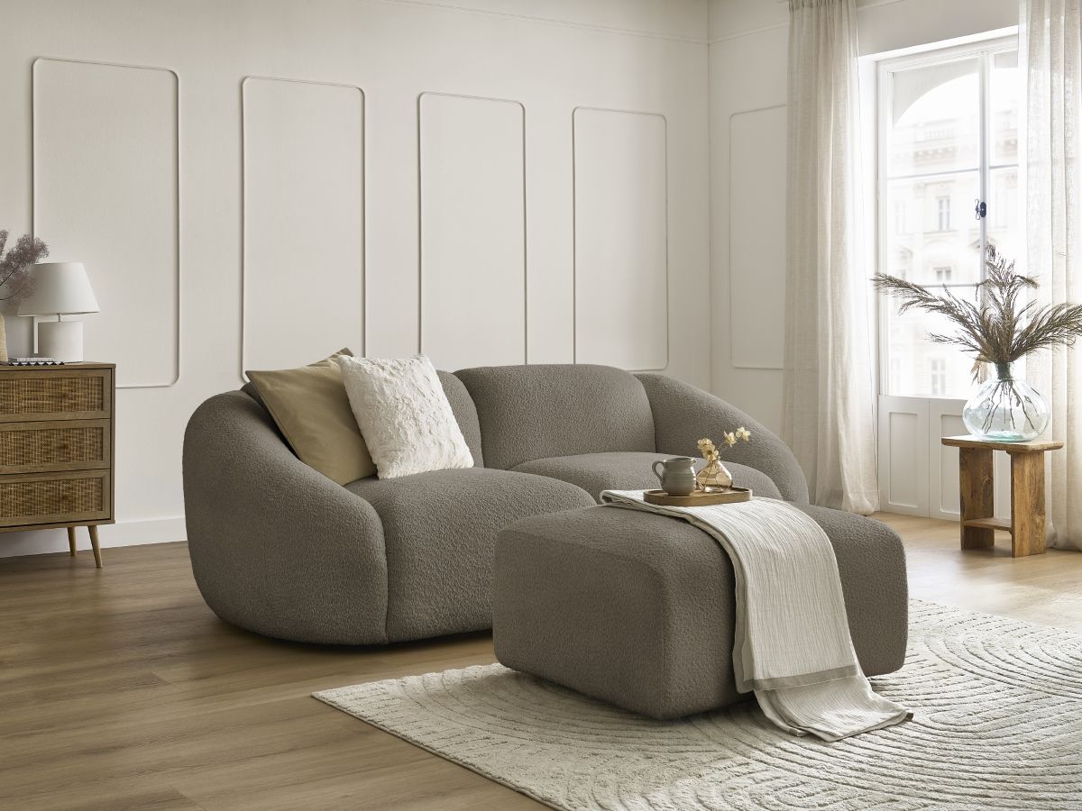 Bobochic Tina Sofa 3-Sitzer mit Pouf Bouclé-Stoff Taupe