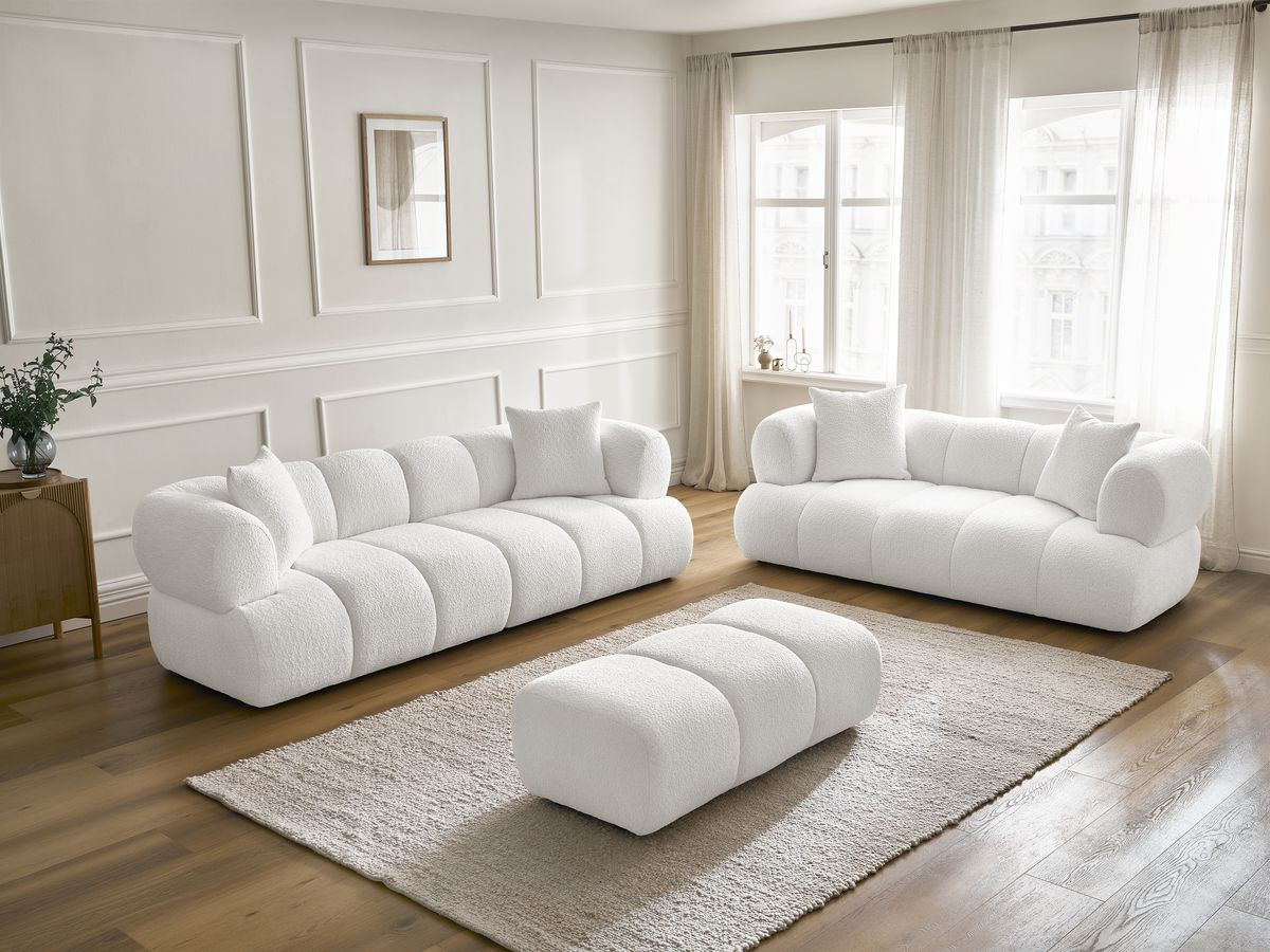 Bobochic Pamira Sofa 5-Sitzer mit Pouf Bouclé-Stoff Weiß
