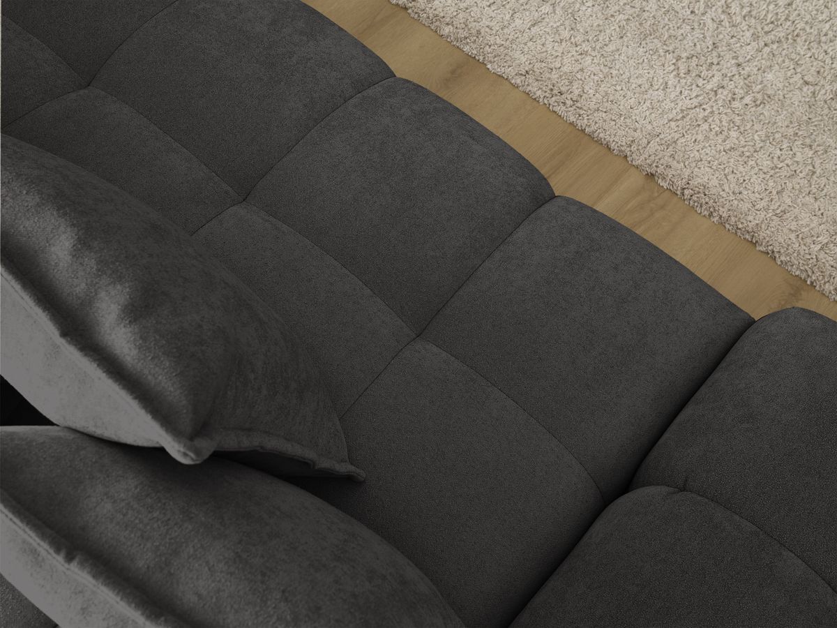 Bobochic Everest Ecksofa mit Schlaffunktion und Bettkasten und Pouf 318 × 180 cm, 7 Kissen Strukturstoff Schwarz Ecke rechts