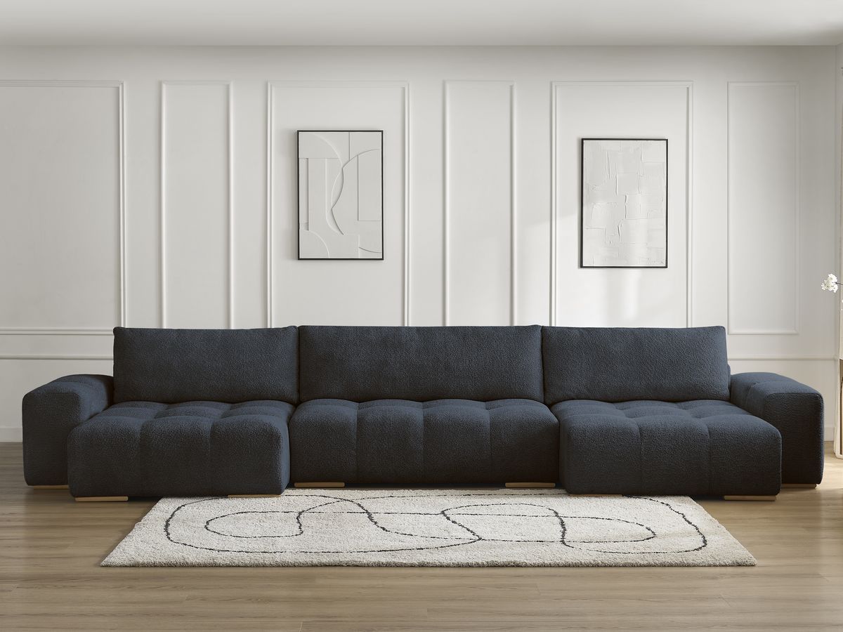 Bobochic Anakin Wohnlandschaft, Liegefläche 137 × 382 cm, 3 Kissen Bouclé-Stoff Dunkelblau