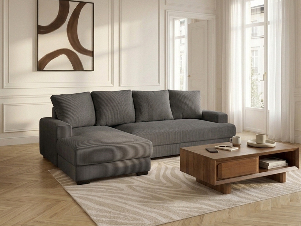 Bobochic Campi Ecksofa mit Schlaffunktion und Bettkasten Cordsamt Dunkelgrau Ecke links
