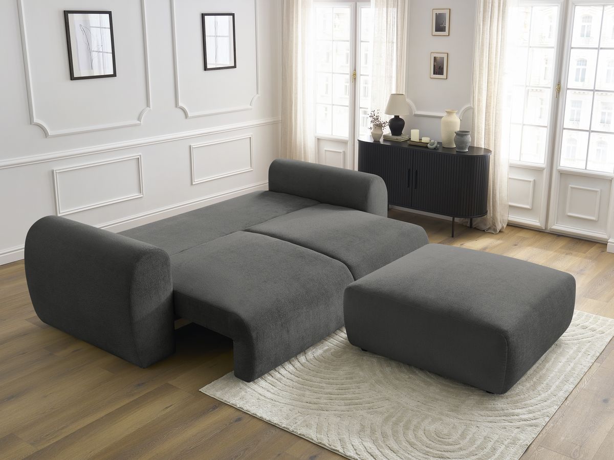 Bobochic Lucien Schlafsofa 4-Sitzer mit Bettkasten und Pouf Stoff Dunkelgrau