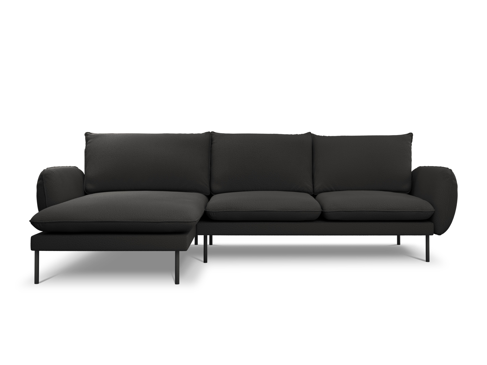 Cosmopolitan Design Ecksofa Vienna 5-Sitzer Boucle Ascot Schwarz Links Beine Schwarzes Metall