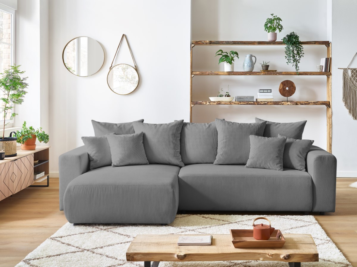 Bobochic Envy Ecksofa mit Schlaffunktion und Bettkasten Cordsamt Dunkelgrau