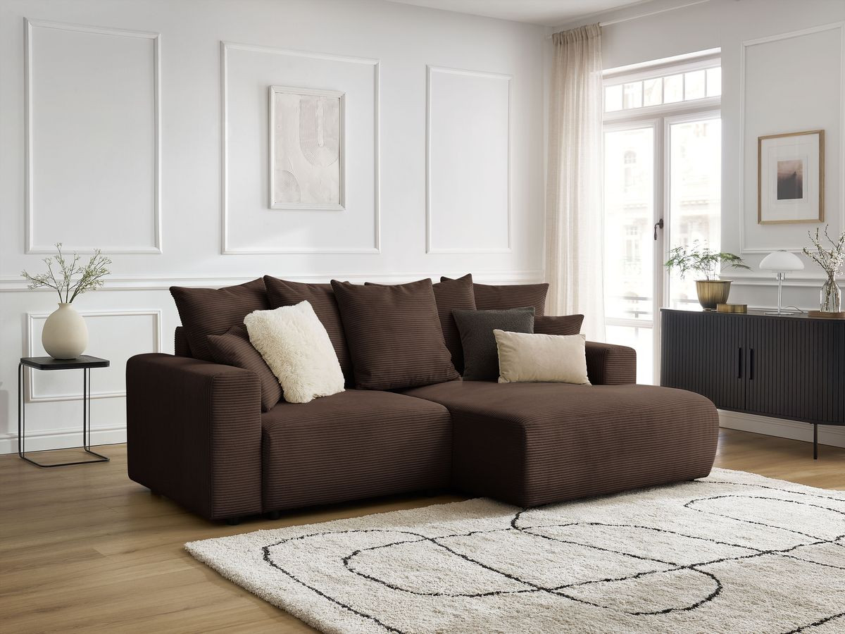 Bobochic Atilla Ecksofa mit Schlaffunktion und Bettkasten Cordsamt Braun Ecke rechts