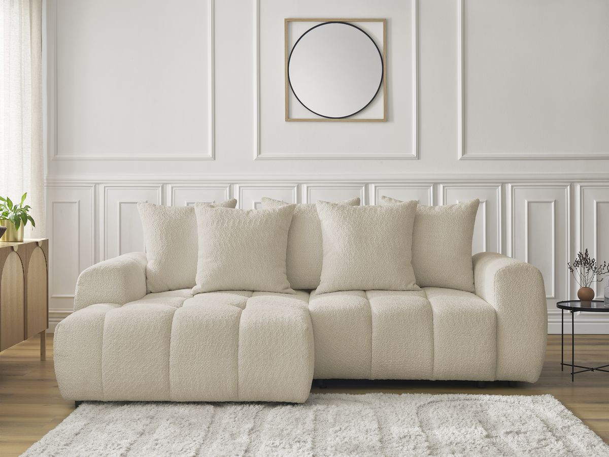 Bobochic Roxelane Ecksofa mit Schlaffunktion und Bettkasten 258 × 150 cm Bouclé-Stoff Beige Ecke links