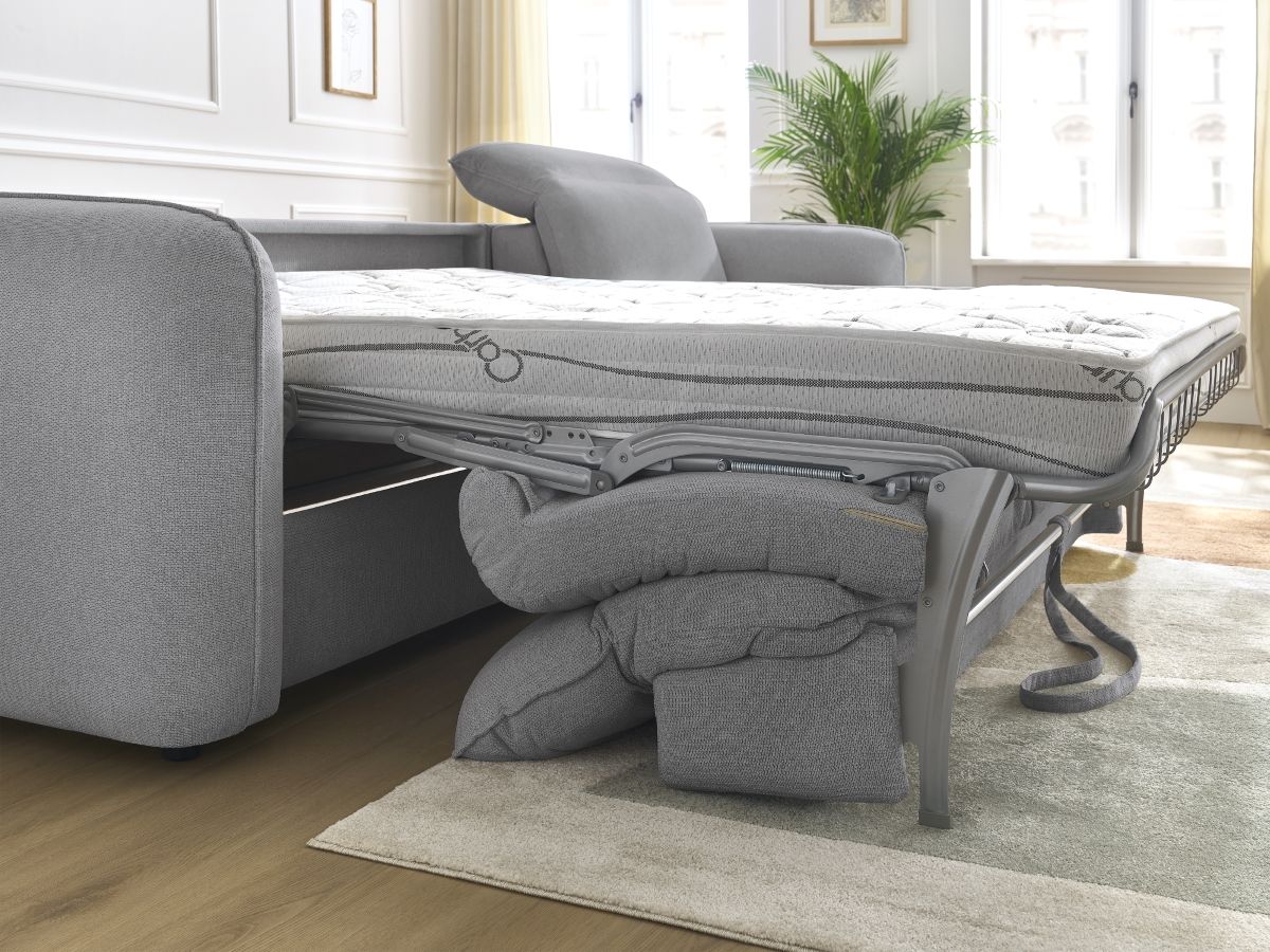 Bobochic Achille Ecksofa mit Schlaffunktion und Bettkasten Melange-Stoff Hellgrau, Liegefläche 160 × 200 cm
