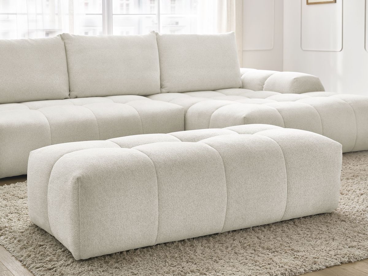 Bobochic Everest Ecksofa mit Schlaffunktion und Bettkasten und Pouf 318 × 180 cm, 3 Kissen Melange-Stoff Weiß Ecke rechts