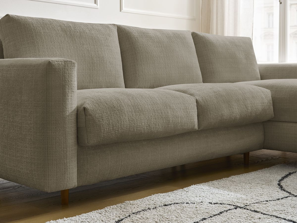 Bobochic Cocoone Ecksofa mit Schlaffunktion und Bettkasten Strukturstoff Taupe, Liegefläche 140 × 200 cm