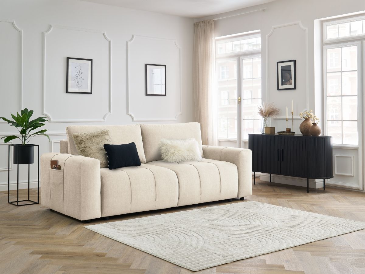 Bobochic Arsene Schlafsofa 3-Sitzer mit Bettkasten Samt Beige