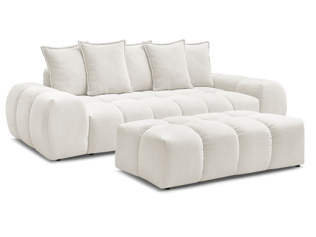 Bobochic Everest Schlafsofa 3-Sitzer mit Bettkasten und Pouf, 5 Kissen Strukturstoff Weiß