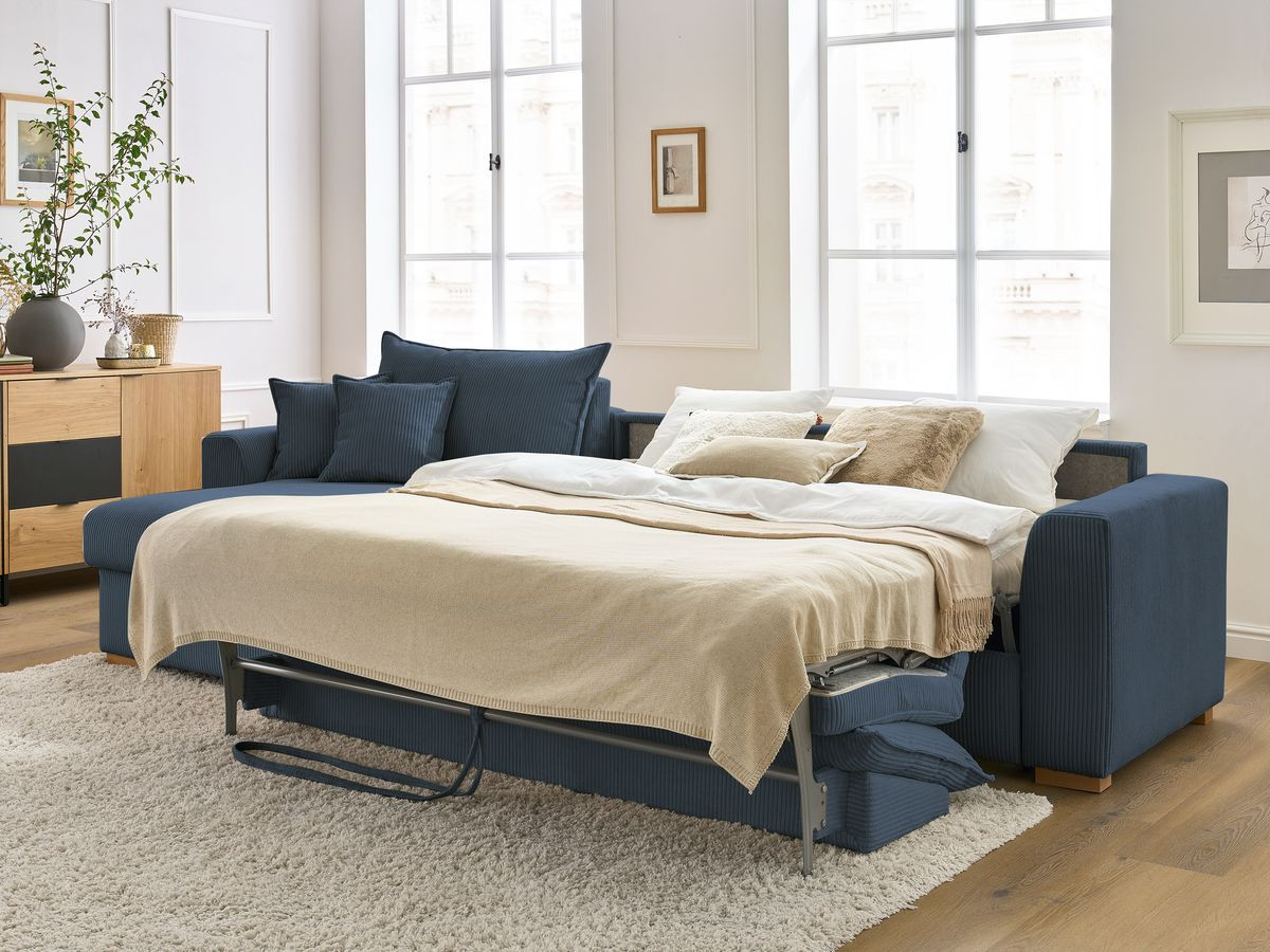 Bobochic Augustin Ecksofa mit Schlaffunktion und Bettkasten Cordsamt Dunkelblau, Liegefläche 160 × 200 cm