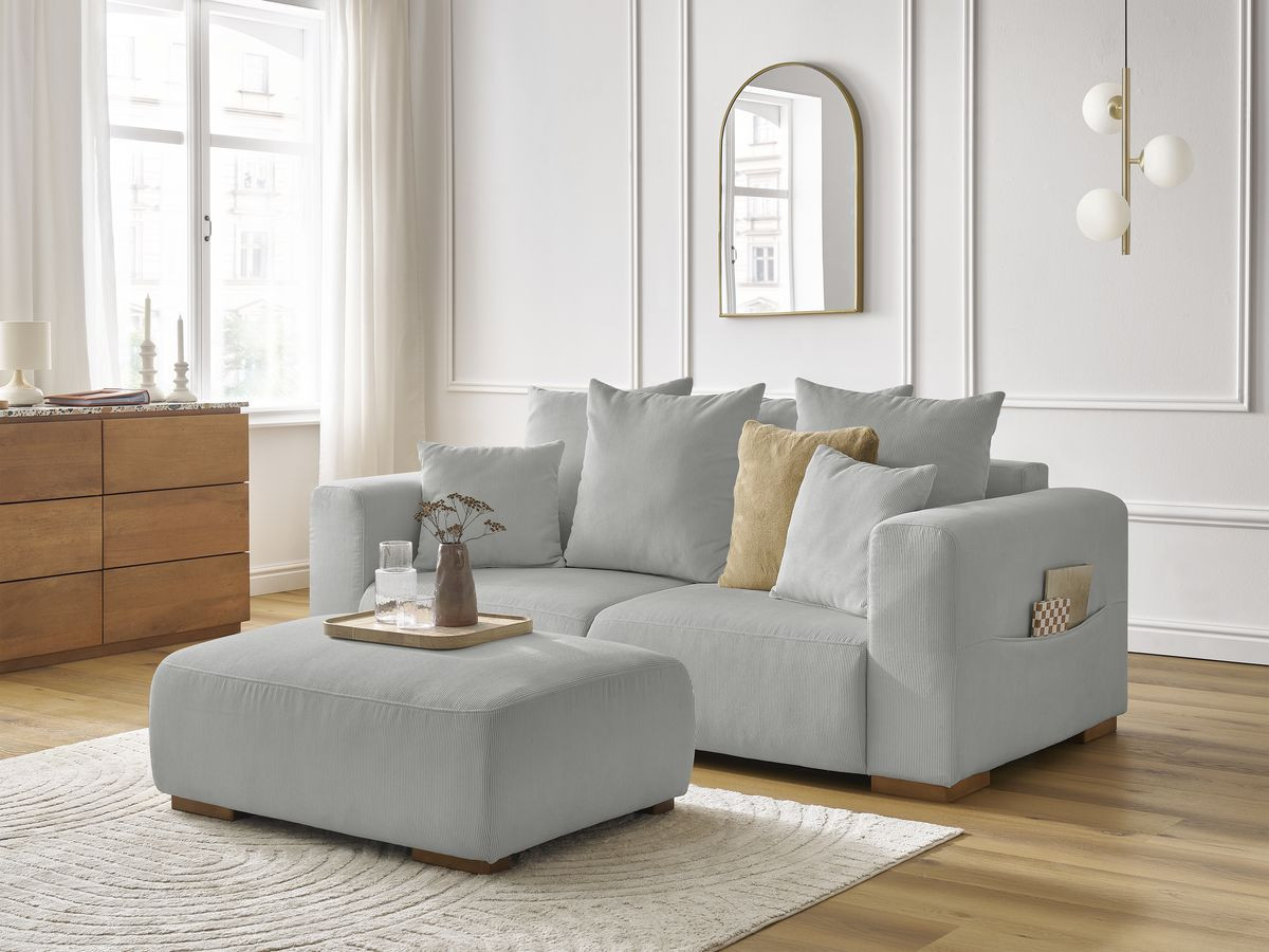 Bobochic Sidonie Sofa 3-Sitzer mit Pouf Cordsamt Hellgrau