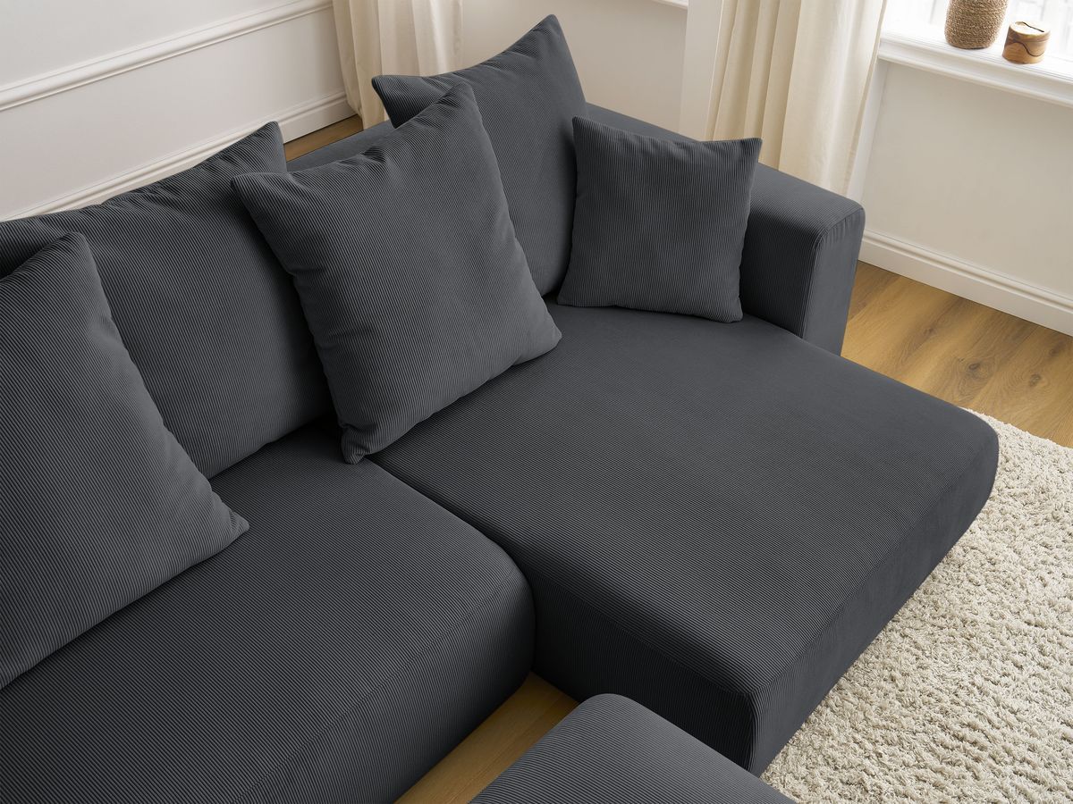 Bobochic Sidonie Ecksofa mit Schlaffunktion und Bettkasten und Pouf Cordsamt Schwarz