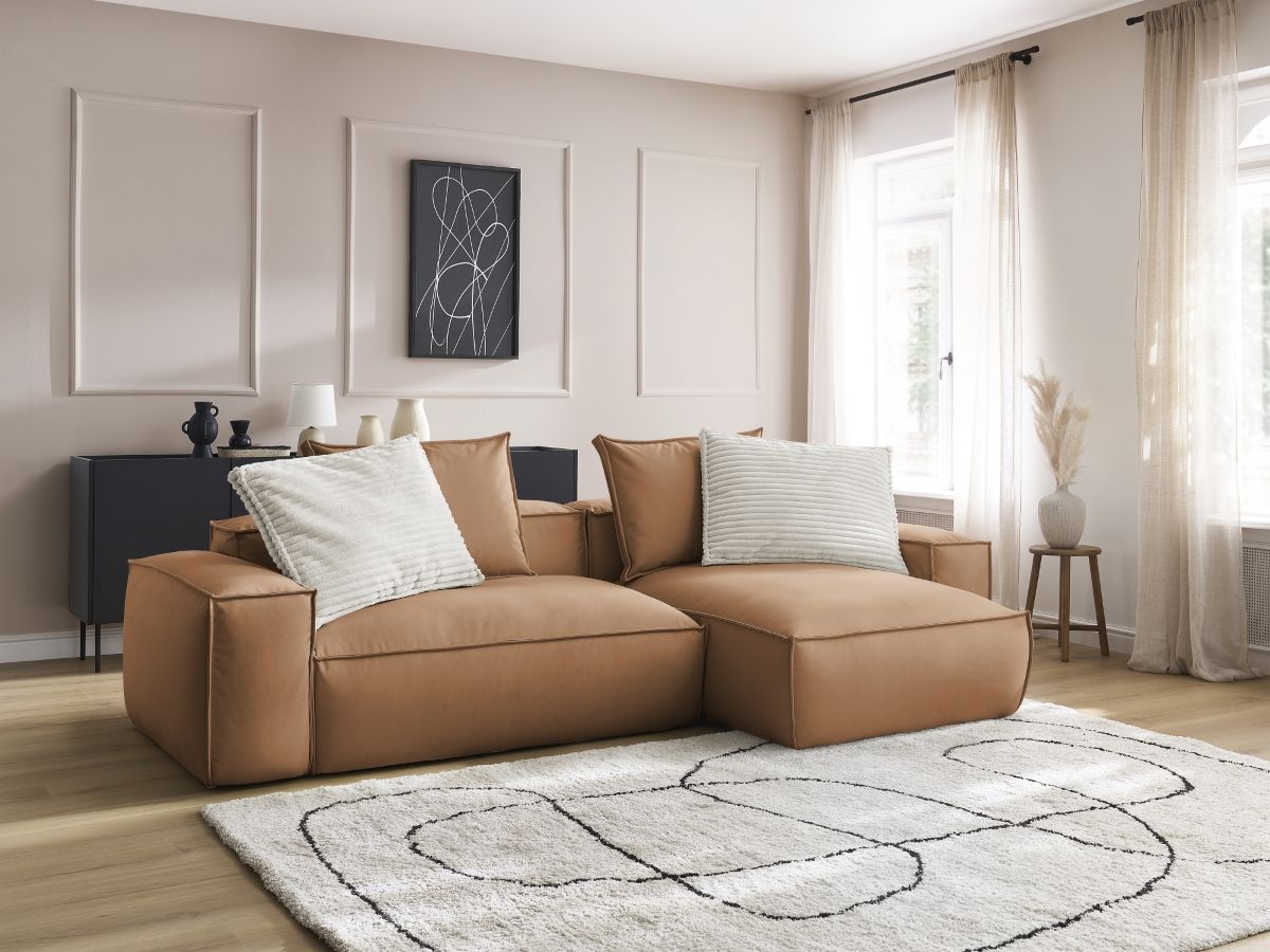 Bobochic Boheme Ecksofa, 3 Kissen Kunstleder Hellbraun