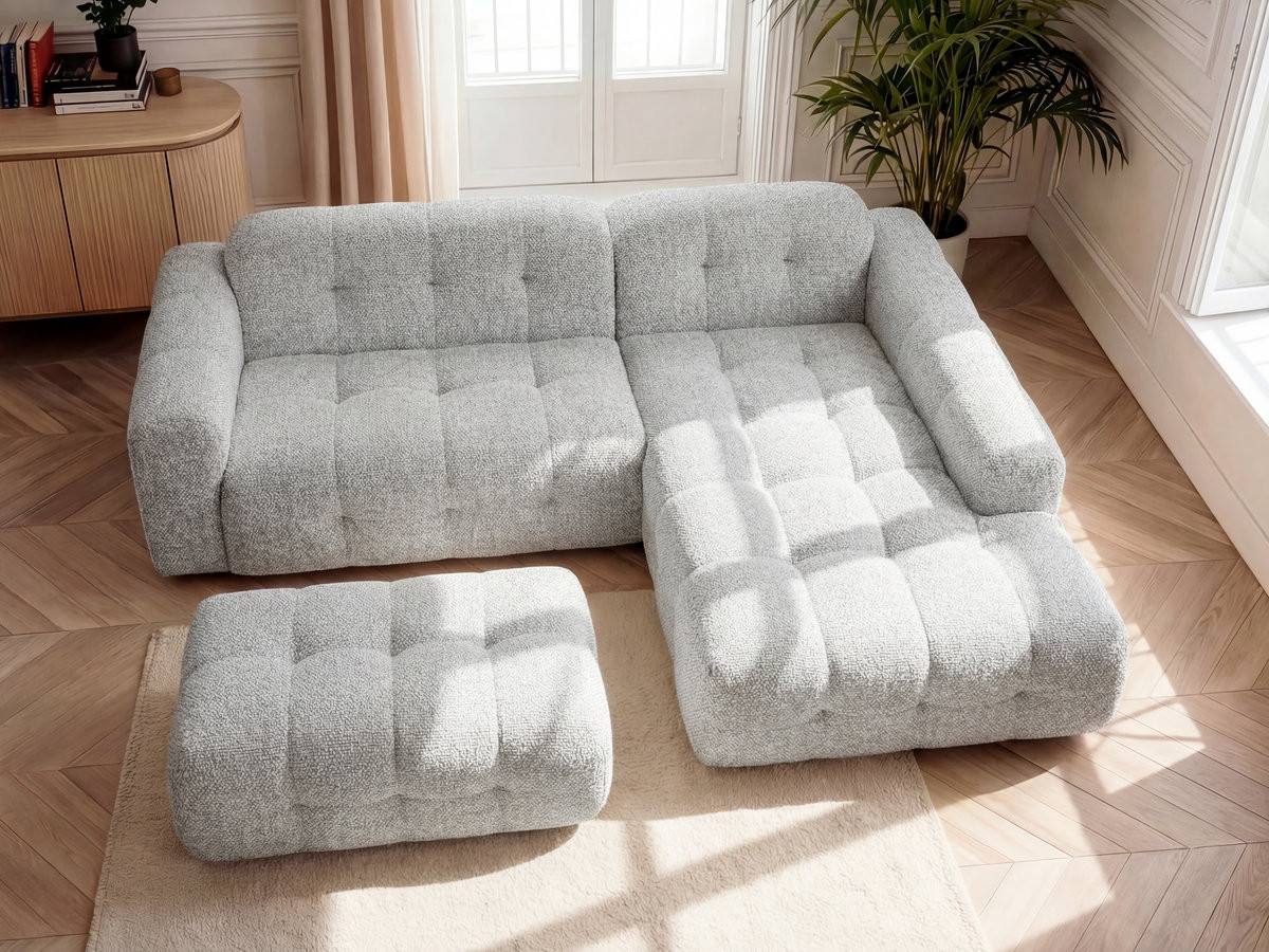 Bobochic Laura Ecksofa mit großem Pouf Melange-Stoff Hellgrau Ecke rechts