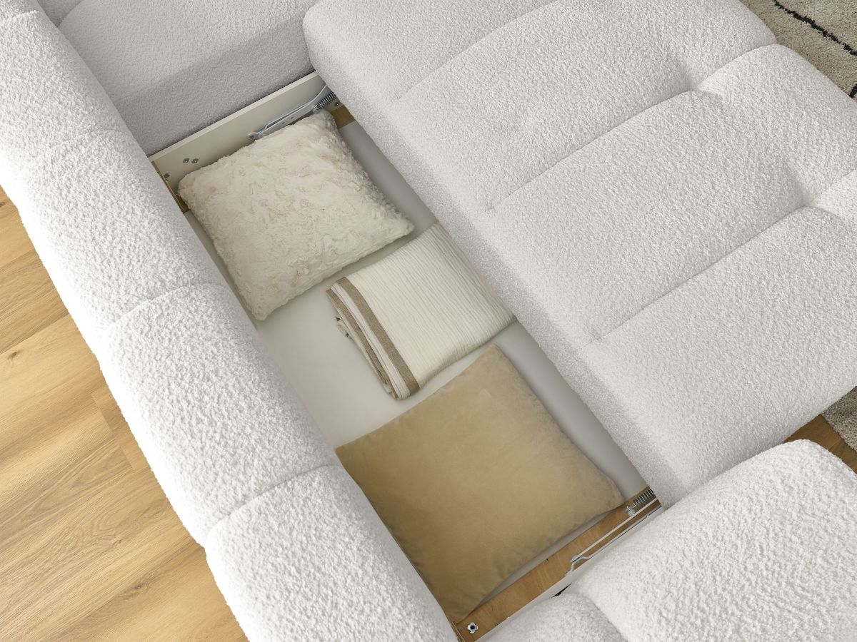 Bobochic Fuji Ecksofa mit Schlaffunktion und Bettkasten und Pouf 282 × 204 cm Bouclé-Stoff Weiß Ecke rechts