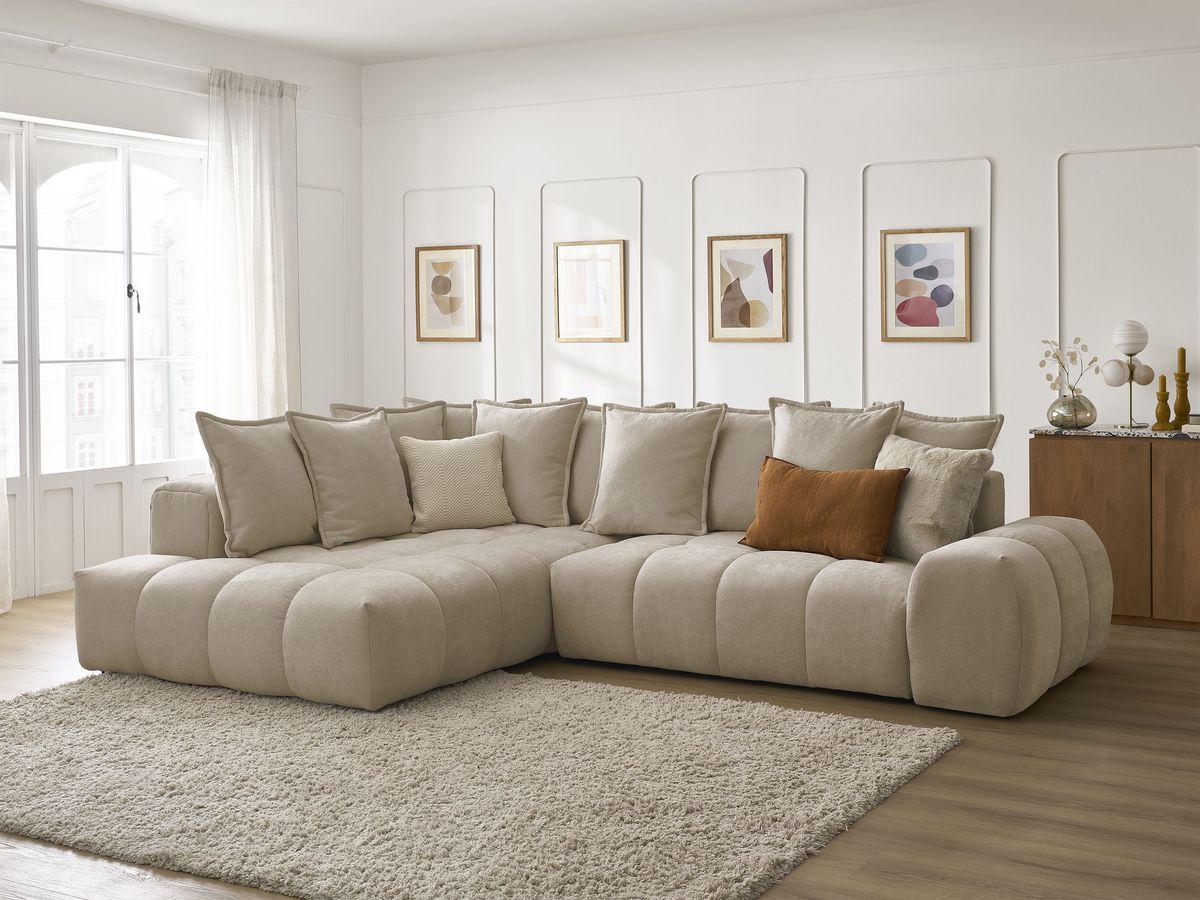 Bobochic Everest Ecksofa mit Schlaffunktion und Bettkasten 320 × 212 cm, 10 Kissen Strukturstoff Taupe Ecke links