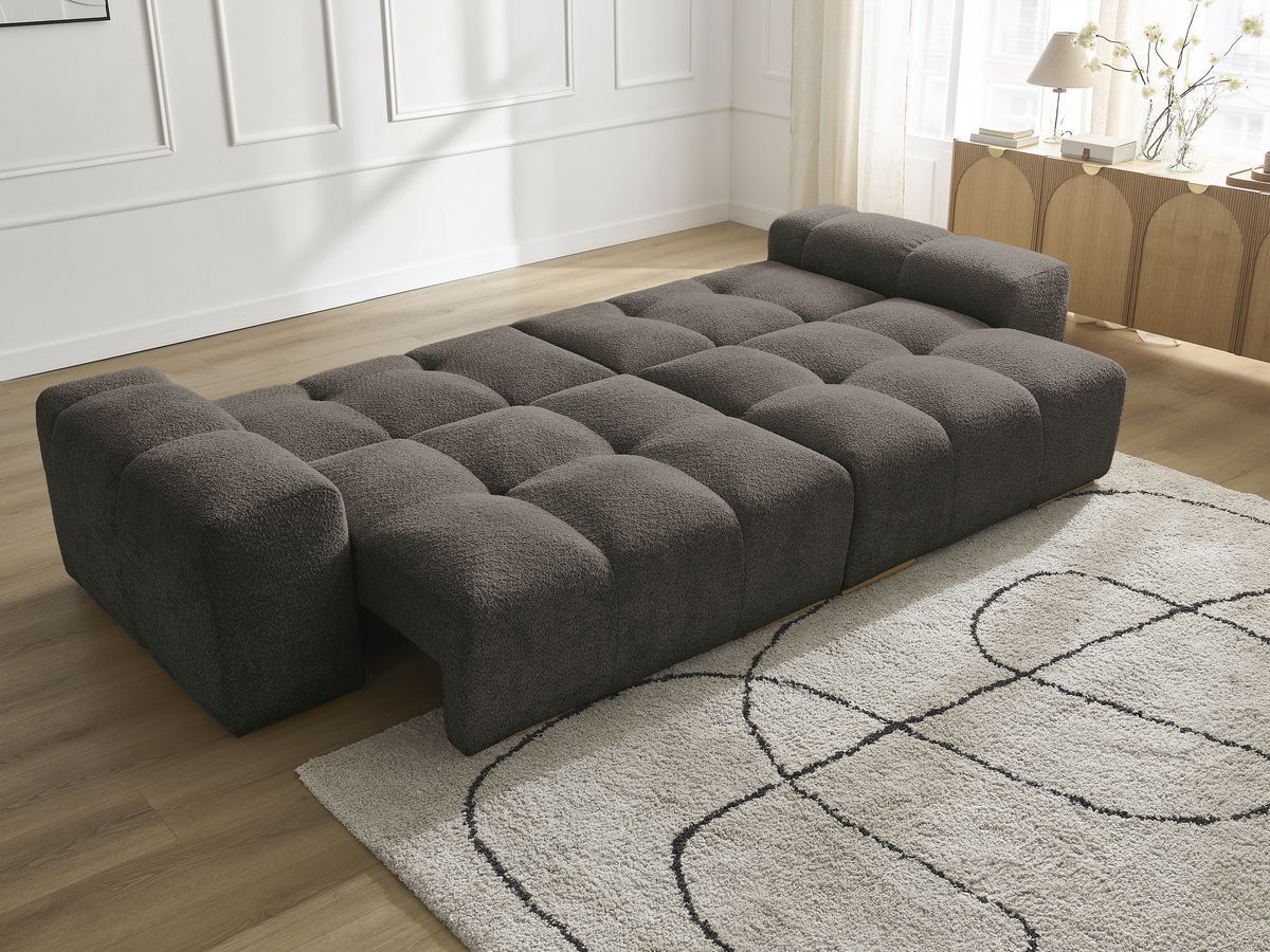Bobochic Anakin Schlafsofa 3-Sitzer mit Bettkasten, 2 Kissen Bouclé-Stoff Braun