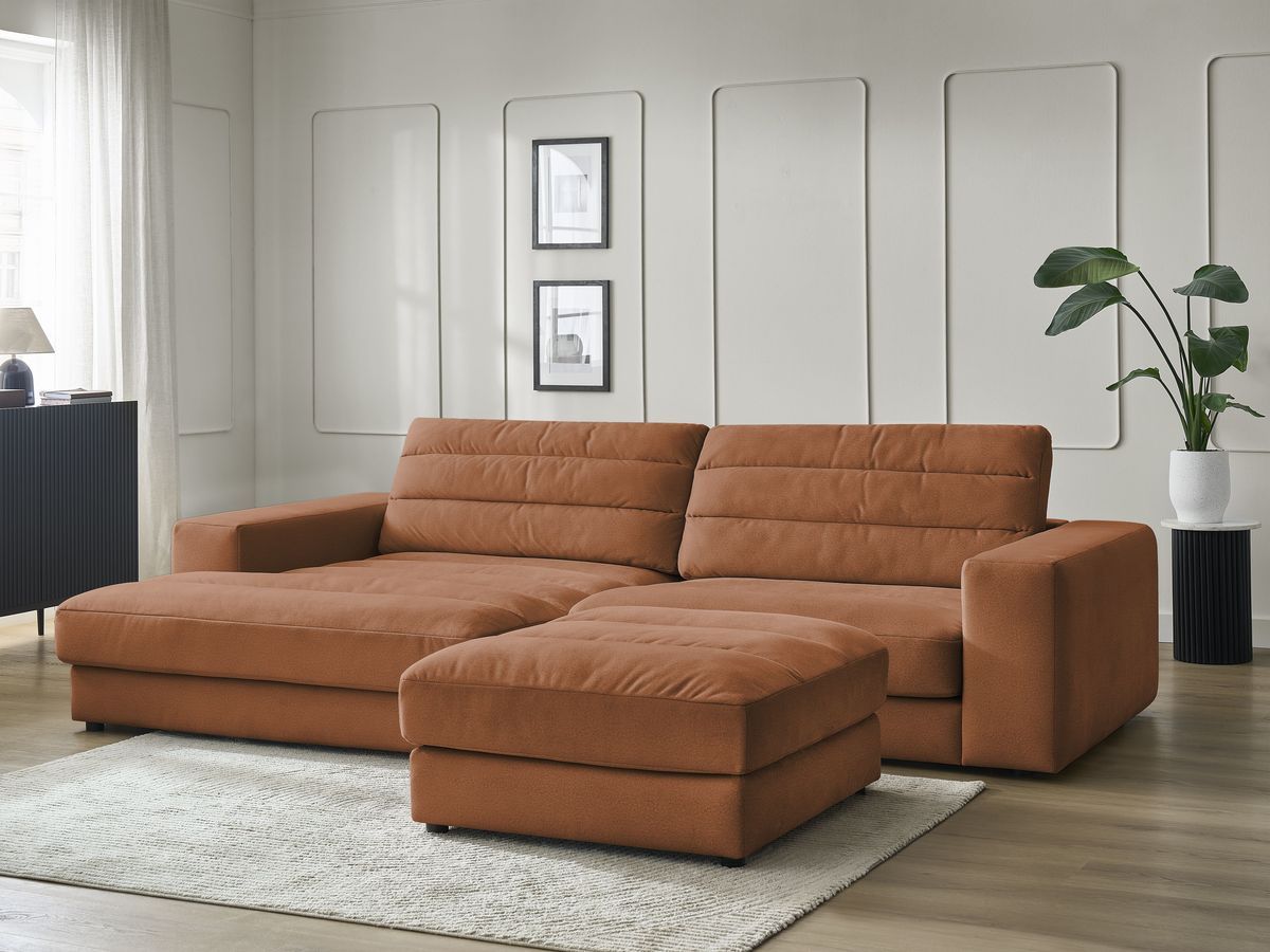 Bobochic Sierra Ecksofa mit Pouf Samt Orange Ecke links