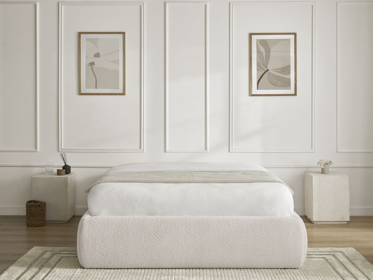Bobochic Inera Bettgestell mit Bettkasten, ohne Kopfteil Bouclé-Stoff Weiß, Liegefläche 160 × 200 cm
