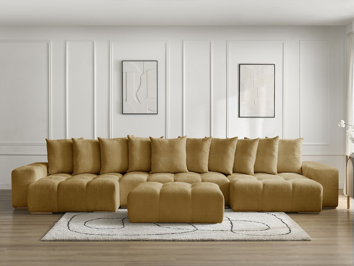 Bobochic Anakin Wohnlandschaft mit Pouf, Liegefläche 137 × 382 cm, 10 Kissen Strukturstoff Gelb