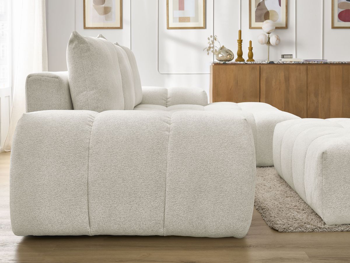 Bobochic Everest Ecksofa mit Schlaffunktion und Bettkasten und Pouf 318 × 180 cm, 3 Kissen Melange-Stoff Weiß Ecke rechts
