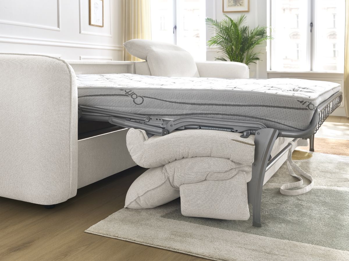 Bobochic Achille Ecksofa mit Schlaffunktion und Bettkasten Melange-Stoff Weiß, Liegefläche 160 × 200 cm