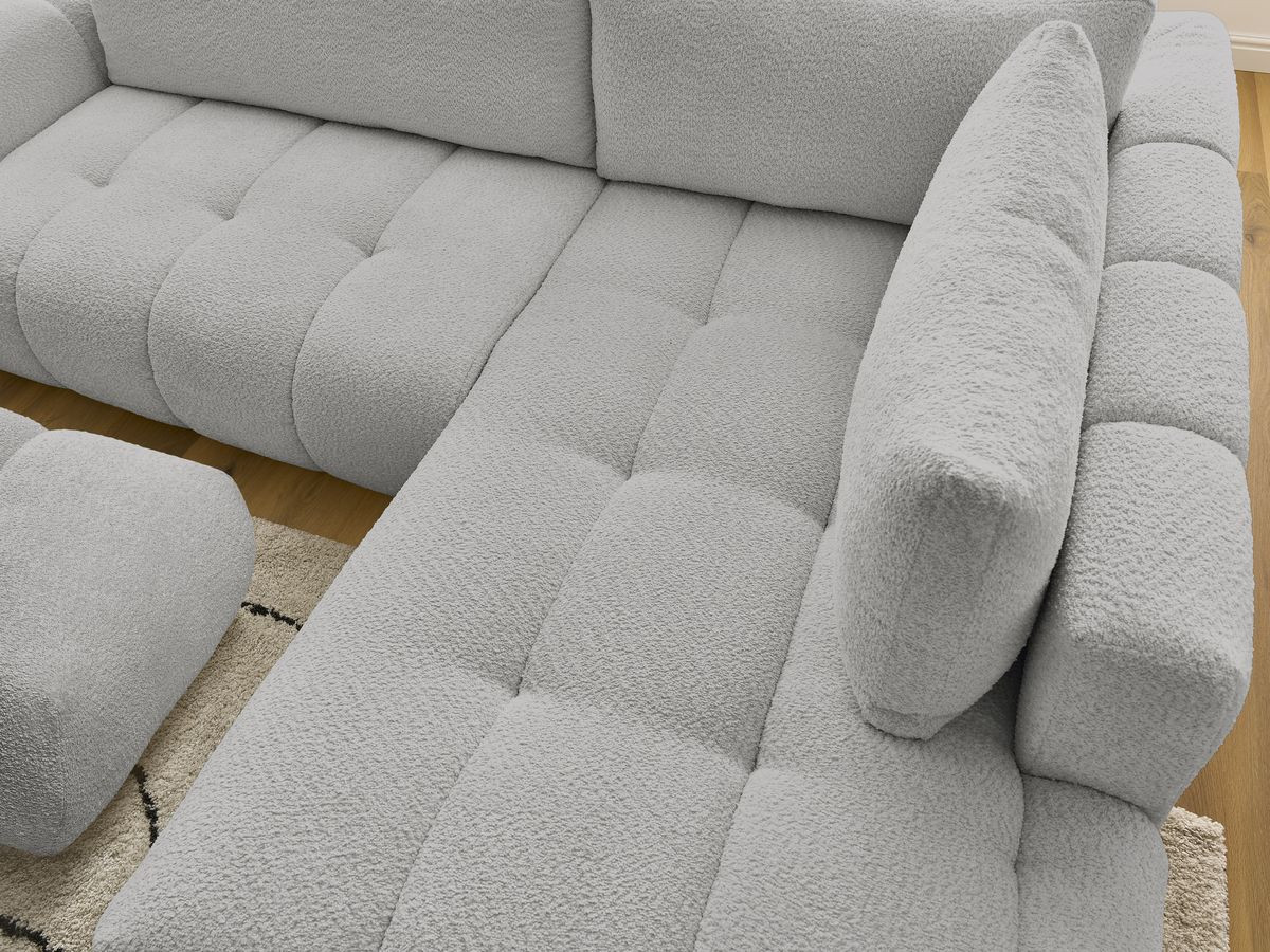 Bobochic Fuji Ecksofa mit Schlaffunktion und Bettkasten und Pouf 282 × 204 cm Bouclé-Stoff Hellgrau Ecke rechts