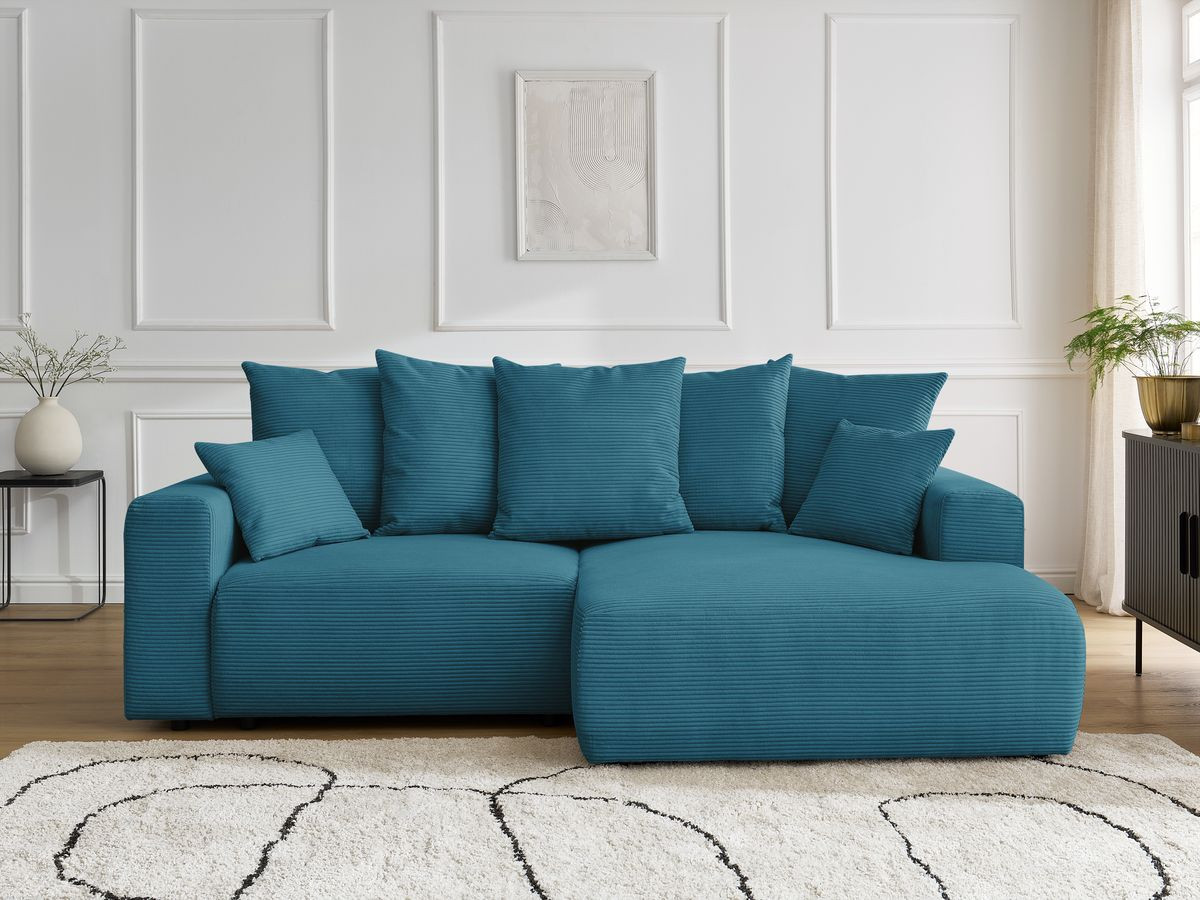 Bobochic Atilla Ecksofa mit Schlaffunktion und Bettkasten Cordsamt Hellblau Ecke rechts