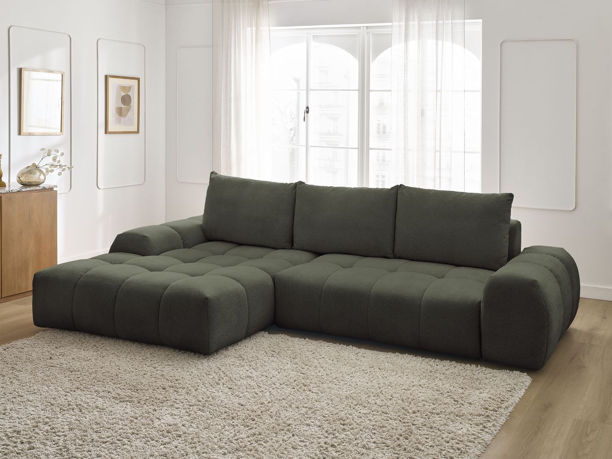 Bobochic Everest Ecksofa mit Schlaffunktion und Bettkasten 318 × 180 cm, 3 Kissen Melange-Stoff Grün Ecke links