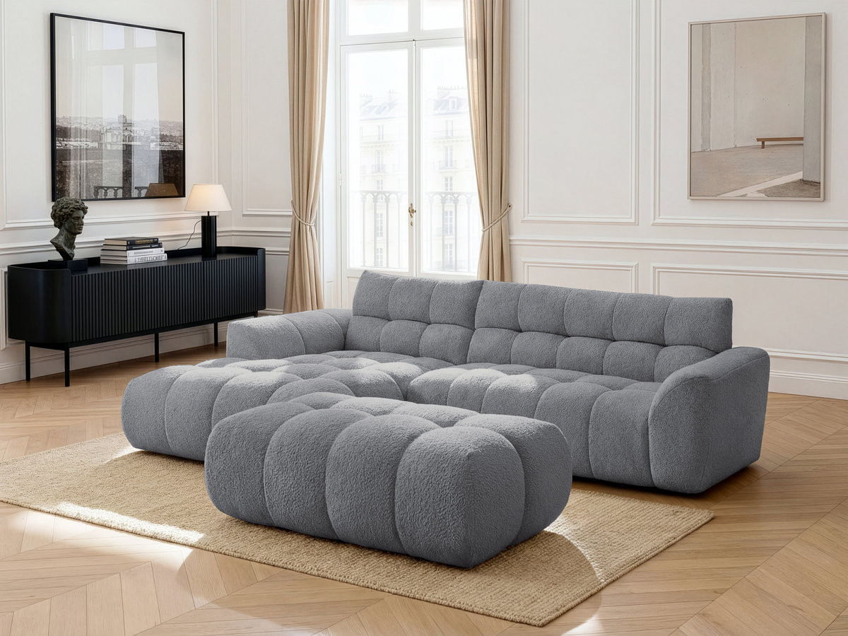 Bobochic Jaya Ecksofa mit Pouf Chenille Grau Ecke links