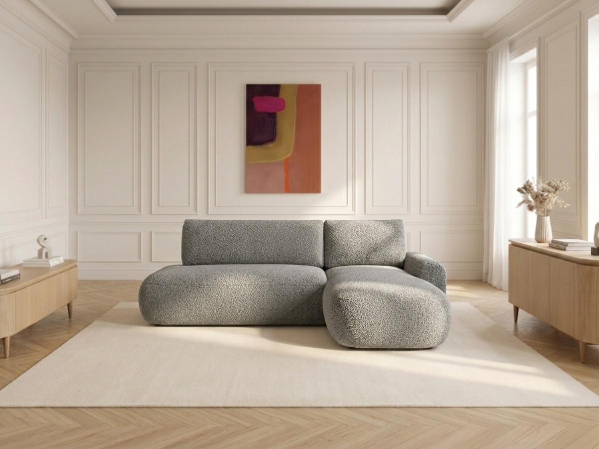 Bobochic Tango Ecksofa mit Schlaffunktion und Bettkasten Bouclé-Stoff Grau Ecke rechts
