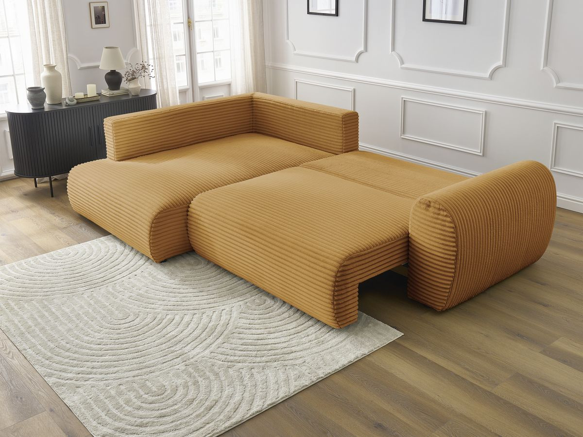 Bobochic Lucien Ecksofa mit Schlaffunktion und Bettkasten 296 × 198 cm Breitcord weich Gelb Ecke links