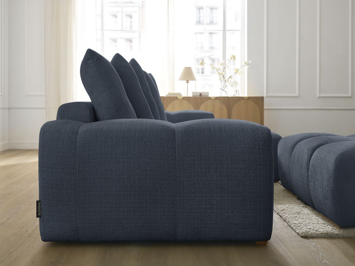 Bobochic Anakin Ecksofa mit Schlaffunktion und Bettkasten und Pouf, 6 Kissen Strukturstoff Dunkelblau