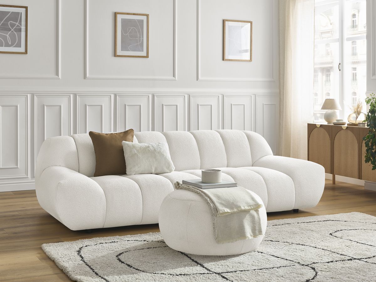Bobochic Hayden Sofa 4-Sitzer mit Pouf Bouclé-Stoff Weiß